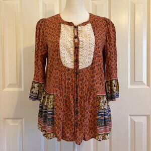 Maeve by Anthropologie Boho Mixed Print Peplum Hiver Blouse Women's Size 2